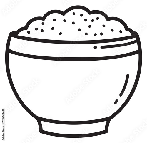 Black outline vector icon of a bowl filled with a granulated substance, possibly rice or grains, showcasing simplicity and minimalism.