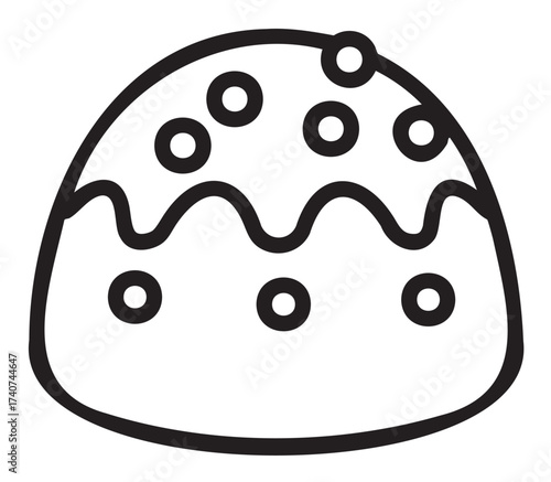 Black outline icon of a traditional italian panettone bread with wavy icing and circular decorations. perfect for holiday and dessert concepts.