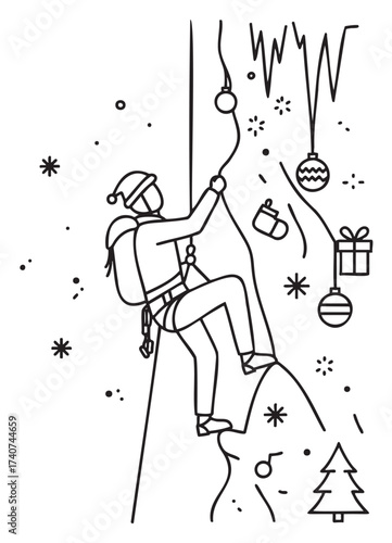 Black outline vector of a person rock climbing with holiday decorations like ornaments and gifts surrounding the scene. minimal linear illustration for festive outdoor adventures.