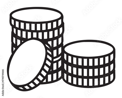 Black and white outline icon of three stacked round coins, one leaning, showing circular and ridged details.