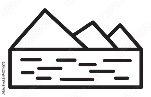Black outline vector icon of three pyramids on a rectangular base with horizontal lines. minimal geometric illustration for architecture and history concepts.