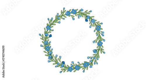 A delicate blue floral wreath with green foliage creates a charming circular design.