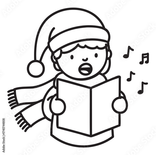 Black outline icon of a child wearing a winter hat and scarf, singing while holding a sheet of music.