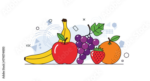 A vibrant illustration of fresh fruits including a banana apple grapes a strawberry and an orange.