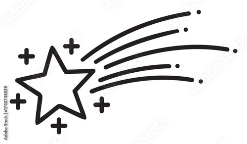 Black outline vector icon of a shooting star with five trail lines and surrounding small stars, representing aspiration and success.