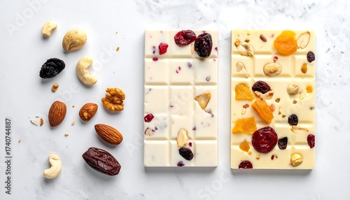 Overhead shot of two white chocolate bars with dried fruit and nuts, along with scattered nuts on a marble surface