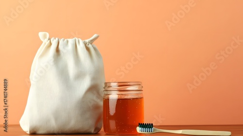 Zero waste lifestyle concept with cotton bag, honey and a toothbrush