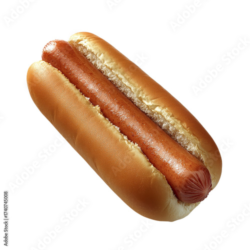 Classic hot dog with a juicy sausage in a soft, golden bun isolated