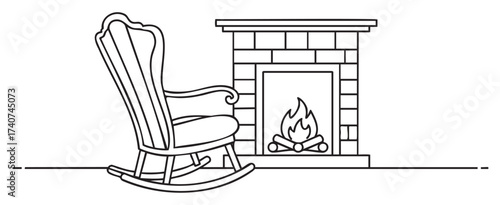 Black outline vector icon of a traditional wooden rocking chair beside a brick fireplace with a burning fire. classic linear illustration for home comfort and warmth concepts.