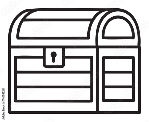Black outline icon of a classic wooden treasure chest with a lock, featuring simple linear design and detailed paneling.