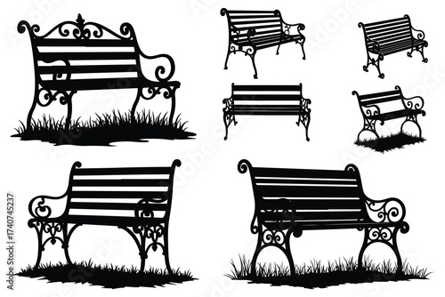 Black silhouette park benches with ornate details on white background