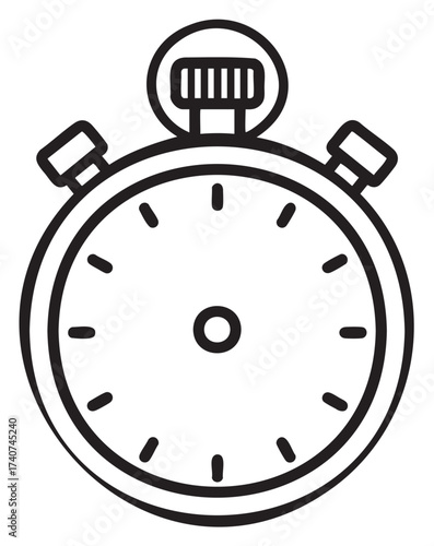 Black outline drawing of a classic stopwatch with a circular face and minute markers, featuring two buttons and a winding knob on top.