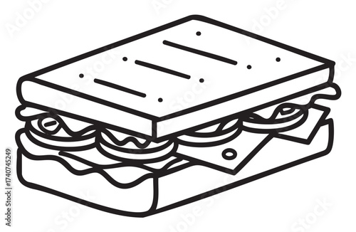 Black outline vector icon of a sandwich with visible layers of cheese, sliced tomatoes, and lettuce between two slices of bread.