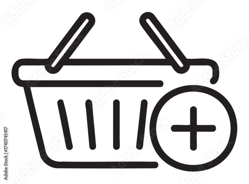Black outline icon of a shopping basket with an addition sign, representing the concept of adding items to a cart for online purchasing.