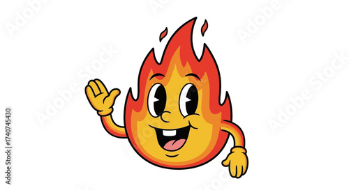 Cartoon Fire Character Waving Hello with a Happy Expression and Retro Design