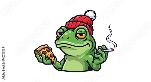 Cartoon frog character enjoying pizza and cigarette with a relaxed expression and a red hat