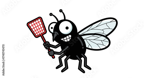 Humorous cartoon fly wielding a fly swatter with menacing expression and big eyes