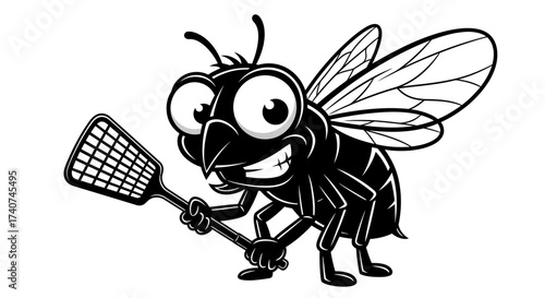 Cartoon fly menacingly wielding a fly swatter ready for action extermination insect pest