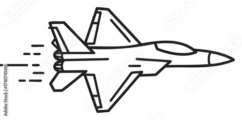 Black outline drawing of a fighter jet aircraft flying with motion lines at the rear, showcasing an aerodynamically sleek design.