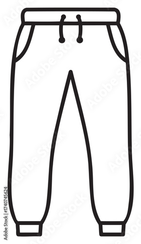 Black outline vector icon of simple casual sweatpants with drawstring waist and side pockets.
