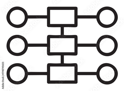 Simple black outline icon of a block and node diagram representing a network or flowchart concept.