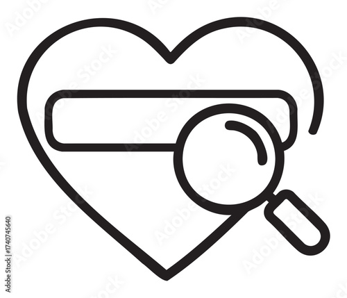 Black outline icon of a magnifying glass searching a rectangular bar inside a heart shape, representing love and exploration.