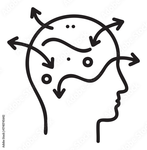 Black outline vector icon depicting a human head with abstract arrows and lines representing thinking or creativity.