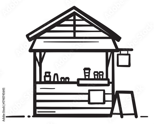 Black outline icon of a simple wooden market stall with various drinks displayed on the counter.