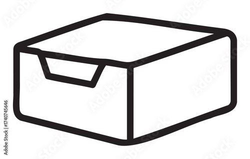 Black outline drawing of a simple, rectangular box with an open handle on the front, designed for storage or organization purposes.