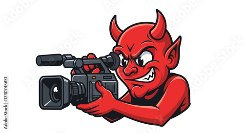 Illustration of a red cartoon devil character operating a professional video camera