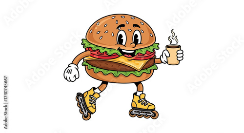 Cartoon Hamburger Character on Roller Skates Holding a Hot Drink Ready to Enjoy