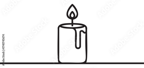 Simple black outline vector illustration of a cylindrical candle with a flame and wax dripping, evoking a sense of calm and serenity.