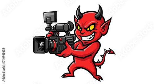 Cartoon devil videographer in action, capturing scenes with professional camera gear