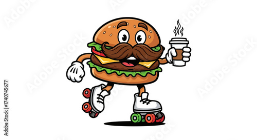 Cartoon Burger with a Moustache on Roller Skates Holding Coffee Character Design