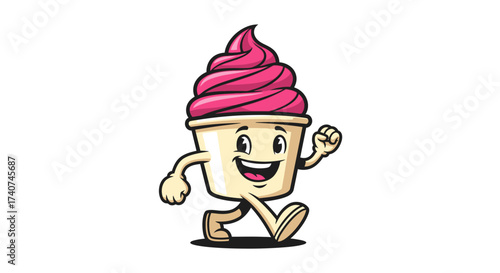 Cheerful Cartoon Ice Cream Character Mascot Running With Smiling Face Illustration