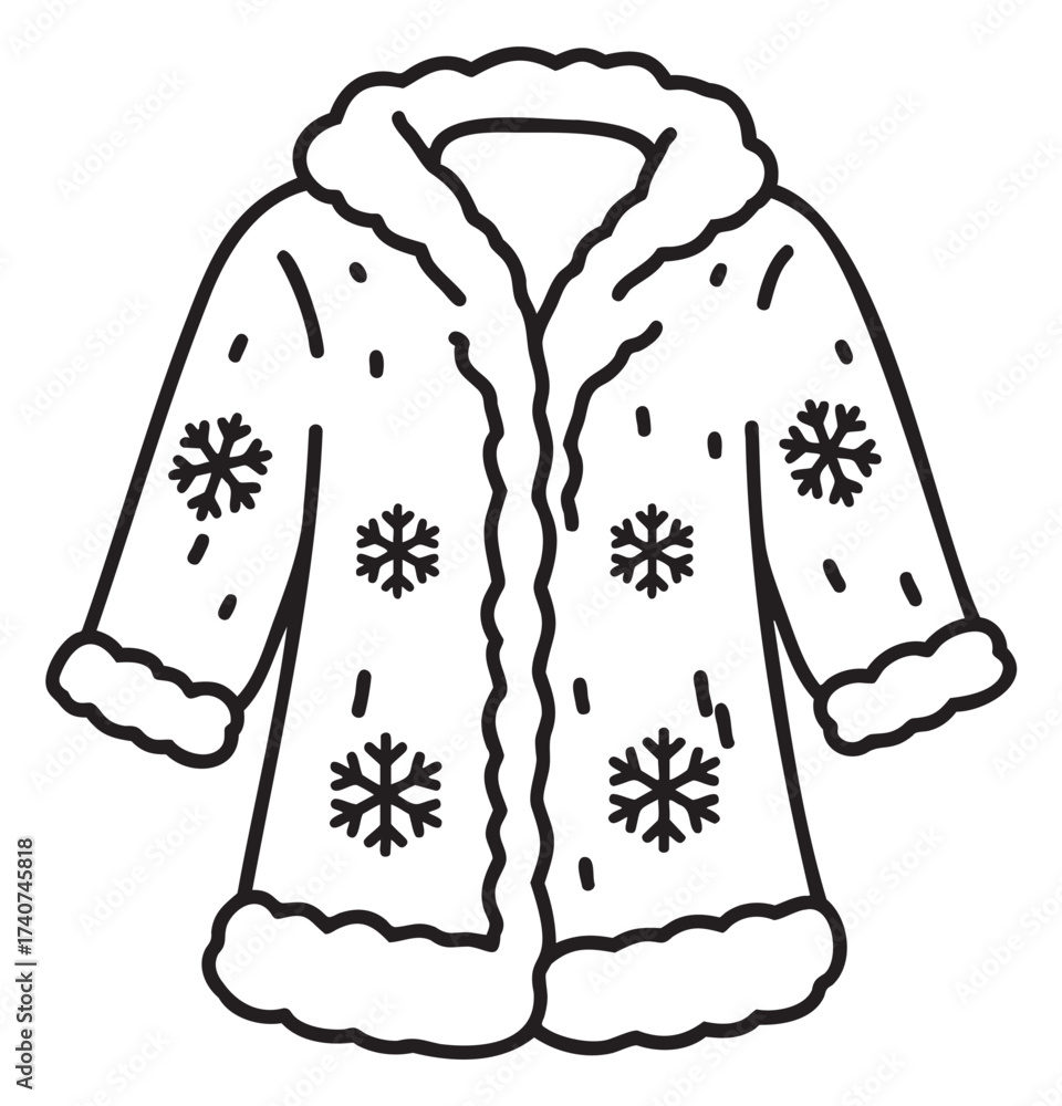 Obraz premium Black outline drawing of a simple coat with fur lining and snowflake patterns. minimal linear design for winter fashion and clothing concepts.