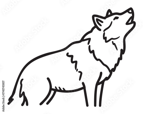 Black outline vector icon of a howling wolf with detailed fur and an expressive pose. minimal linear illustration for wildlife and nature themes.