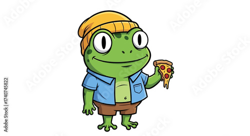 Cartoon frog character wearing a beanie holding a slice of pizza illustration image
