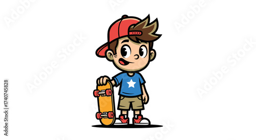 Cartoon character of a young boy with a skateboard ready for an exciting adventure