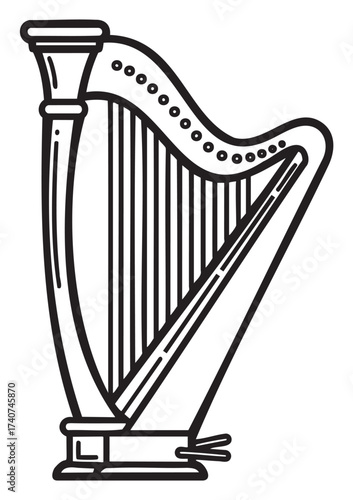 Black outline vector icon of a classic harp with detailed strings and ornate frame. minimal linear illustration for music, instrument, and art concepts.