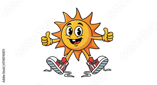Happy and cheerful sun cartoon character giving thumbs up wearing red sneakers illustration