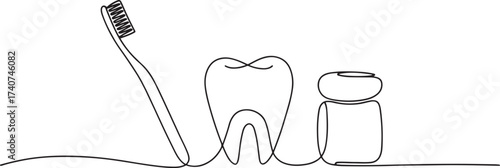 Minimalist line art of dental hygiene tools, featuring a toothbrush, tooth, and floss, symbolizing oral care and promoting healthy dental practices