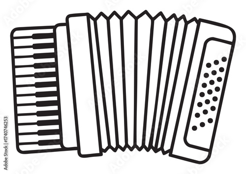 Black outline vector image of an accordion with piano keys and buttons, illustrating a musical instrument with detailed elements.