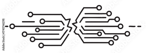 Black outline illustration of a broken circuit line with multiple connections on either side, symbolizing a technological disruption or disconnect.