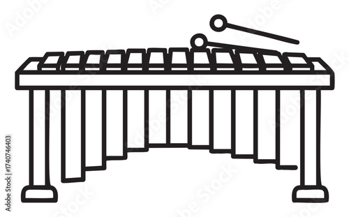 Black outline icon of a xylophone with two mallets positioned on top, depicting a simple musical instrument design for educational or entertainment concepts.