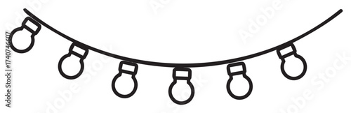 Minimalistic black outline drawing of a string of six rounded light bulbs hanging in an arc, emphasizing simplicity and design.