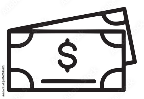 Black outline icon of two overlapping american dollar bills with a central dollar symbol and corner designs.