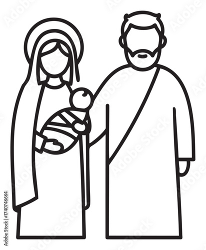 Simple black outline illustration depicting religious figures of a family with adult male, female, and a child wrapped in cloth.