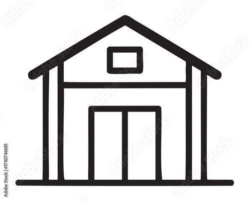 Black outline icon of a simple barn with a triangular roof and large double doors, featuring minimal linear design for agriculture and farming concepts.