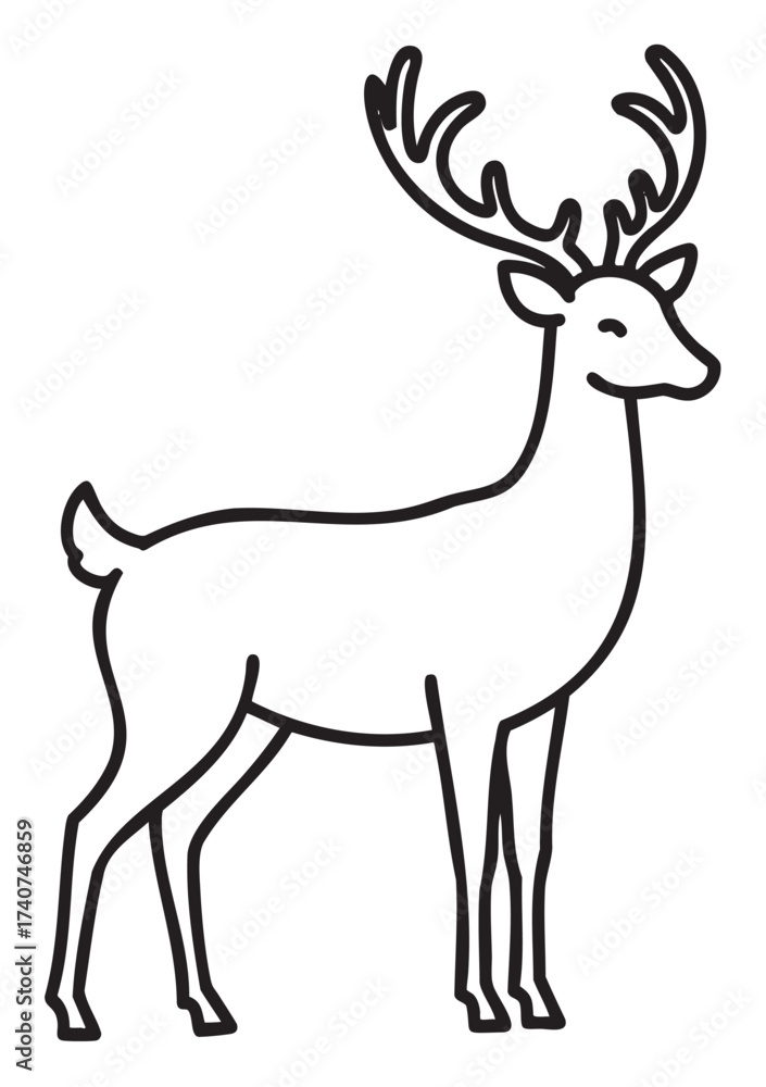 Fototapeta premium Black outline of a standing deer with large antlers, depicted in a simple and minimalistic style for nature and wildlife themes.